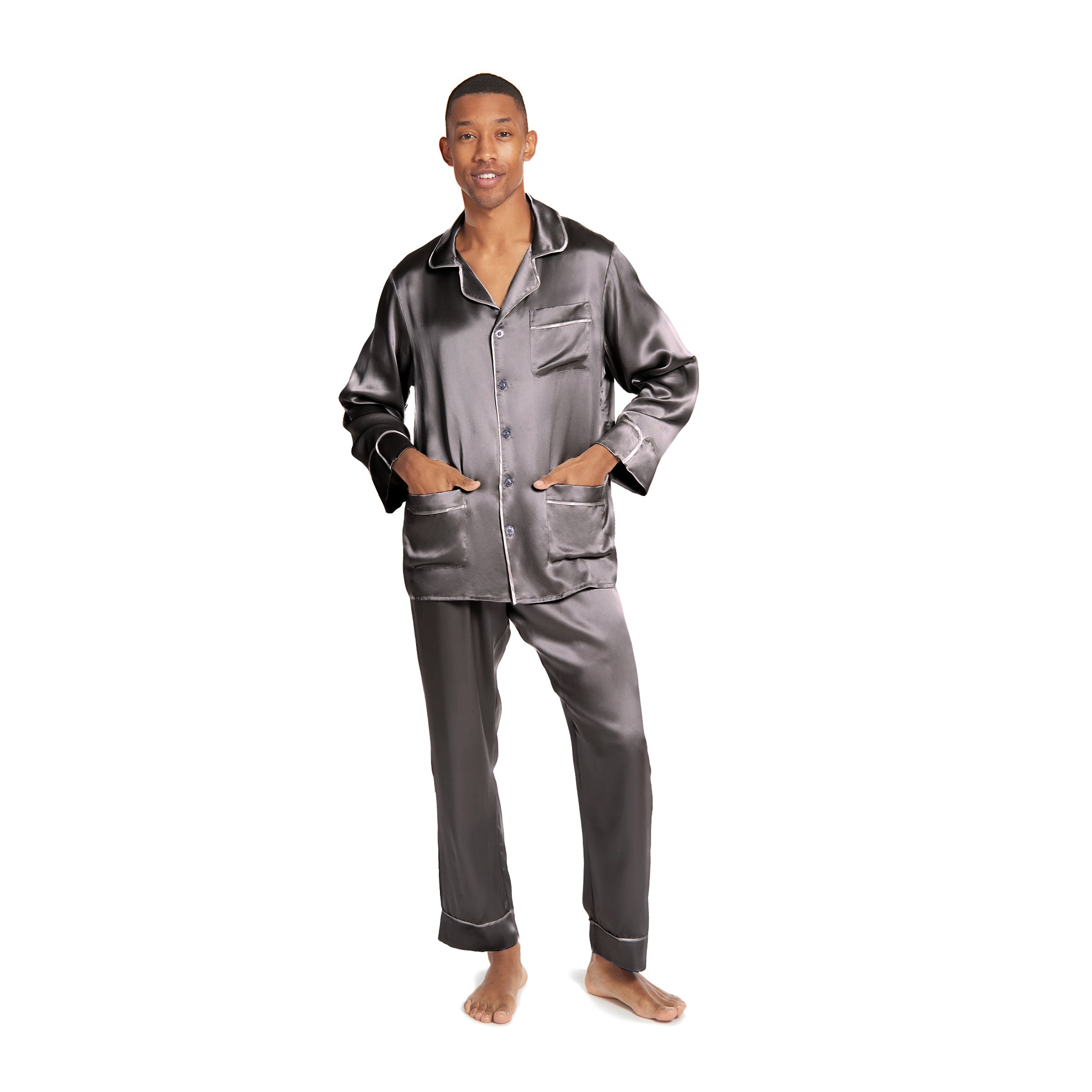 Men's Silk Classic Long Pajama Shirt with Contrast Piping (22 Momme)