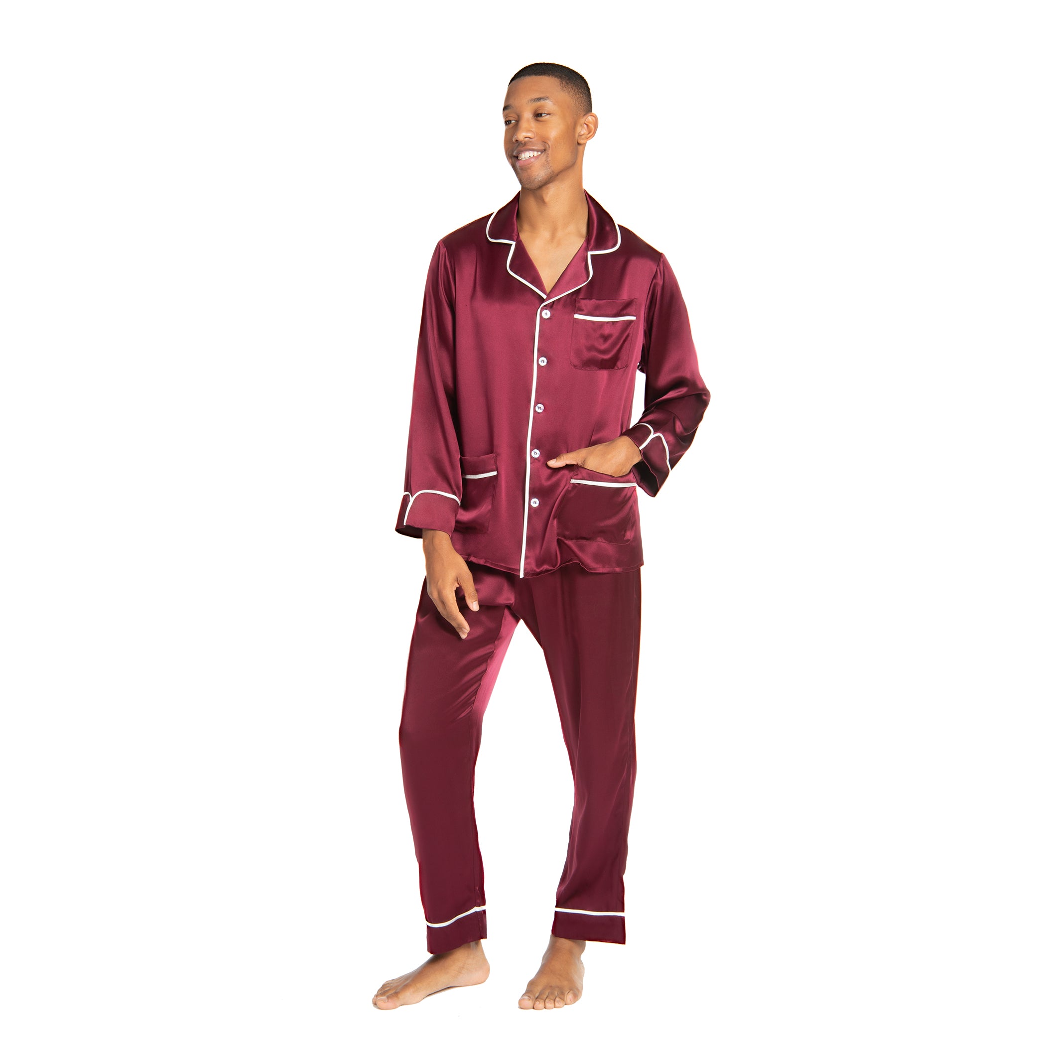 19 Momme Mens Luxury Silk Pajamas Robe Set with Trimming [FS011