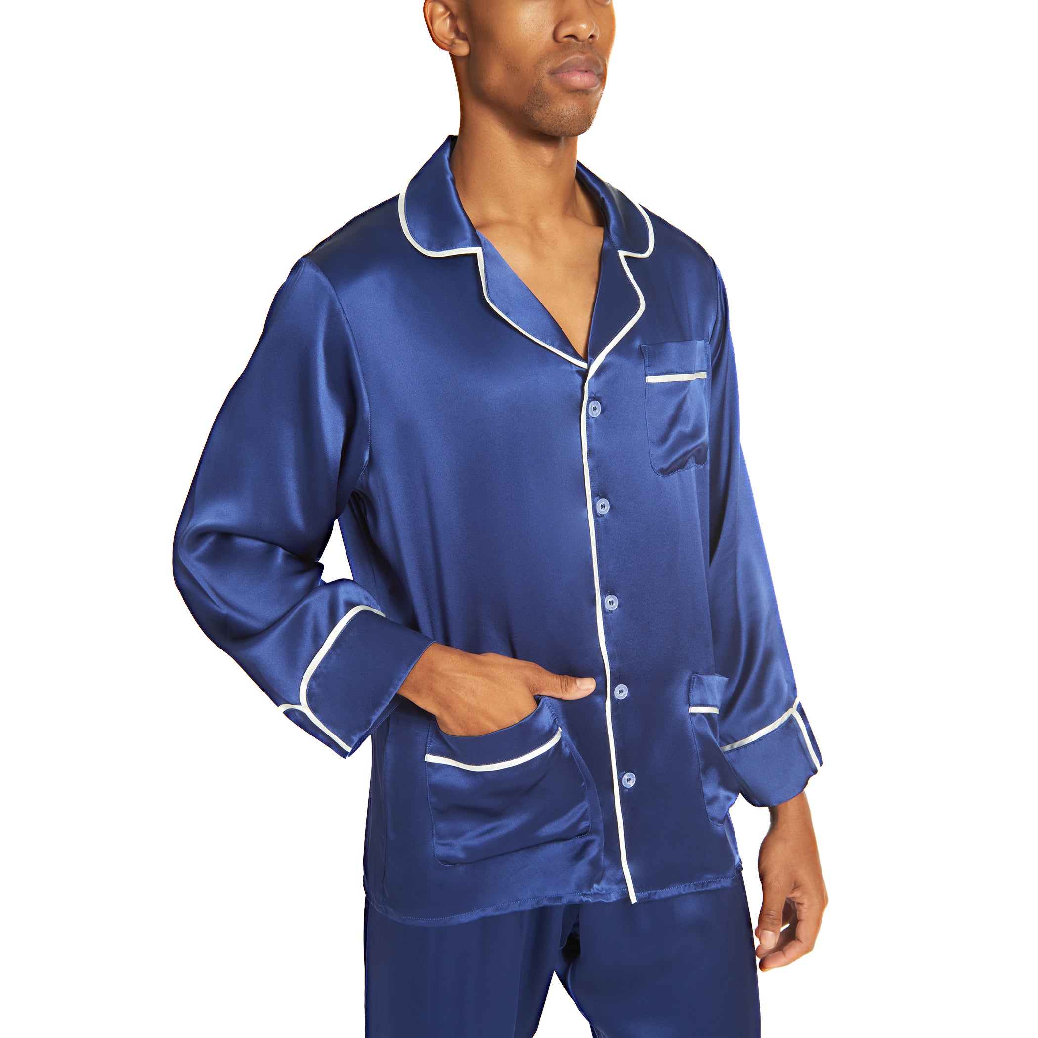 Men s Silk Classic Long Pajama Set with Contrast Piping 2022 Update Clearance