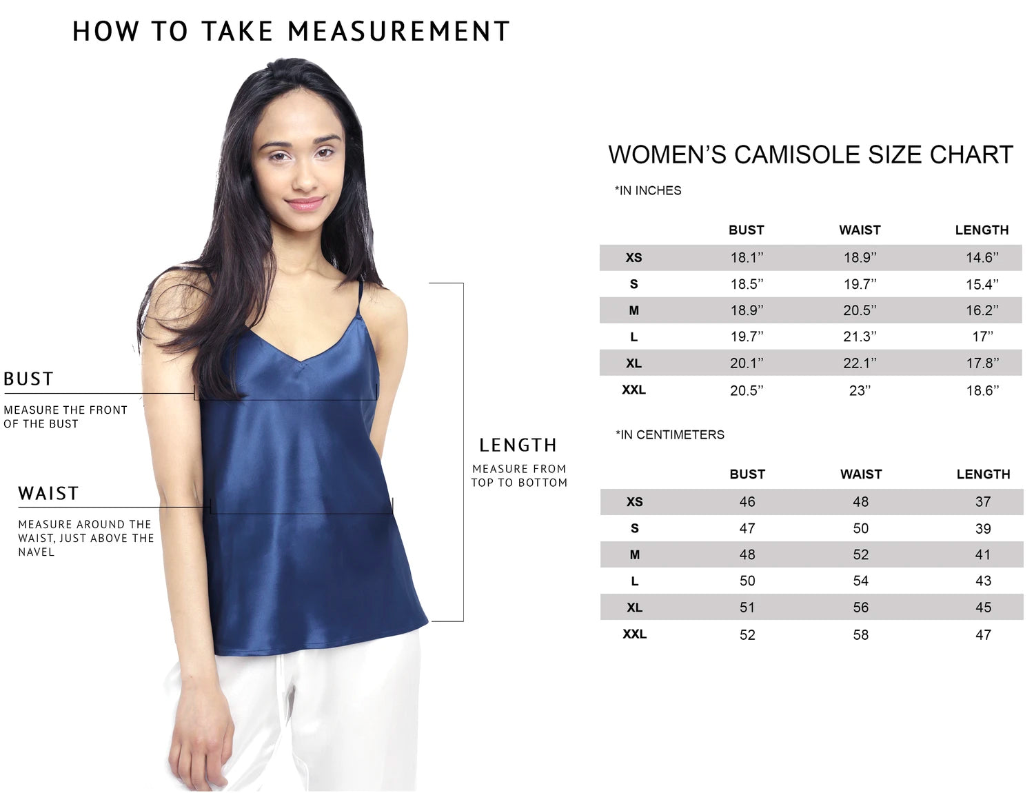 Size & Fitting Guide for 100% Silk Bare Camisole with Bra